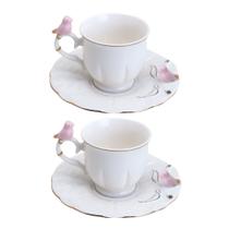 Jogo 2 Xícara de Café Porcelana Rosa e Branca Birds Pássaro com Pires 100ml Wolff