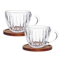 Jogo 2 Xícara de Chá Café Vidro Cristal com Pires de Madeira Acácia Montecarlo 180ml Haüskraft Premium