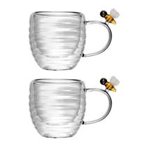 Jogo 2 Xícara de Chá Vidro Parede Dupla Abelha Lovely Bee 180ml Lyor