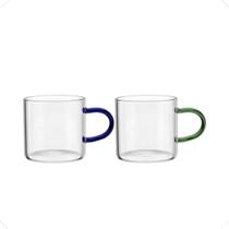 Jogo 2 Xícara Transparente Borossilicato Alça Colorida 100ml.