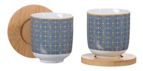 Jogo 2 Xícaras Café Em Porcelana Decoradas E 2 Pires Bambú