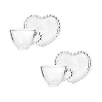 Jogo 2 Xícaras de Café com Pires Coração 80ML Cristal Liso Transparente Lyor
