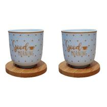 Jogo 2 Xícaras de Café em Porcelana com Pires de Bambu 110ml