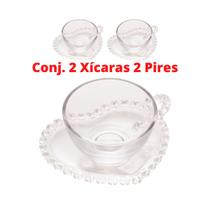 Jogo 2 Xícaras De Cristal 80ml Pires De Coração Chá Café Jogo 2 Xícaras De Cristal 80ml Pires De Coração Chá Café