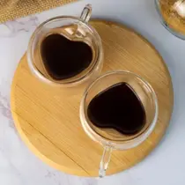 Jogo 2 Xícaras formato de Coração para Café Chá 80Ml Parede Dupla Vidro Lyor
