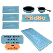 Jogo 20 Pratos Sushi Kakusara Retangular Porcelana Azul Mesclado Jogo 20 Pratos Sushi Kakusara Retangular Porcelana Azul Mesclado