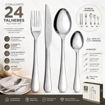 Jogo 24 Talheres Inox Faqueiro Talher Garfos Facas Colheres Churrasco Jantar Especial Presente Mesa Posta Cozinha Prime