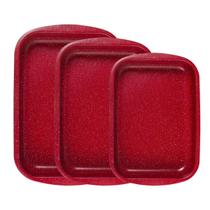 Jogo 3 Assadeiras Antiaderente Cerâmica Profissional Retangular Funda Red Marble Vermelho Duralar