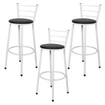 Jogo 3 Banqueta Alta Para Cozinha Branca Epoxi Assento Preto