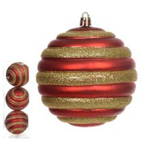 Jogo 3 Bolas de Natal Decorada Vermelho e Dourado 10cm