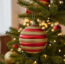 Jogo 3 Bolas de Natal Decorada Vermelho e Dourado 10cm