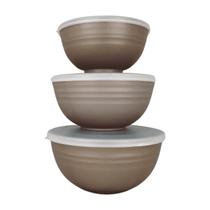 Jogo 3 Bowls De Bambu Tigela Tampa Frutas Saladas Petiscos