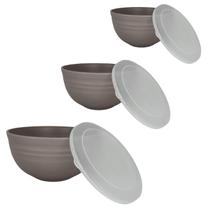 Jogo 3 Bowls De Bambu Tigela Tampa Frutas Saladas Petiscos