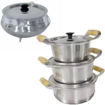 Jogo 3 Caçarola E 1 Tripe Alumínio Batido Polido