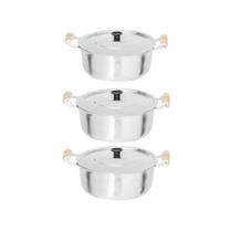 Jogo 3 Caçarolas Alça Madeira de Alumínio Polido 22 e 2 x 24cm