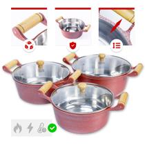 Jogo 3 Caçarolas Altas 26a30cm Alumínio Fundido Vermelho Craqueado Tampa de Vidro Jogo 3 Caçarolas Altas 26a30cm Alumínio Fundido Vermelho Craqueado Tampa de Vidro