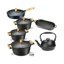 Jogo 3 Caçarolas com alça de madeira, 1 Assadeiras, 1 Frigideira e 1 Chaleira - Panela Mineira Muito utilizada por bares e restaurantes para servir