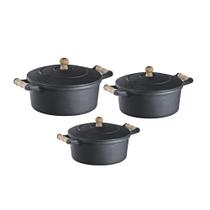 Jogo 3 Caçarolas Ferro e Alça Madeira 2,5, 4,75 e 4,9 Litros