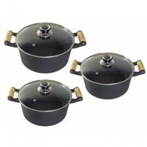 Jogo 3 Caçarolas Ferro Fundido Alça De Madeira Tampa Vidro. Jogo 3 Caçarolas Ferro Fundido Alça De Madeira Tampa Vidro.