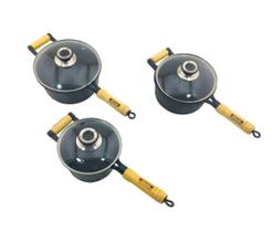 Jogo 3 Caçarolas Ferro Fundido Cabo De Madeira Tampa Vidro