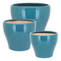 Jogo 3 cachepô vaso decorativo enfeite planta cerâmica azul