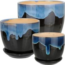 Jogo 3 Cachepô Vaso Planta Decorativo Cerâmica Azul Jogo 3 Cachepô Vaso Planta Decorativo Cerâmica Azul