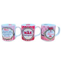 Jogo 3 canecas 300ml Frases Mãe - Kit Porcelana - Dec. RS/VM