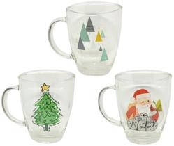 Jogo 3 Canecas Vidro Premium Papai Noel e Pinheiro de Natal 370ml - Magizi