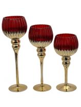 Jogo 3 Castiçais para Natal Vidro Vermelho/Gold 30/35/40cm