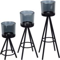 Jogo 3 castiçal porta vela suporte home&co cúpula vidro metal preto Jogo 3 castiçal porta vela suporte home&co cúpula vidro metal preto