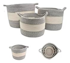 Jogo 3 Cestos Algodão Cinza Branco Multiuso Organizador Jogo 3 Cestos Algodão Cinza Branco Multiuso Organizador