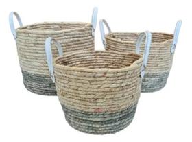 Jogo 3 Cestos Fibra Multiuso Alça De Couro Organizador
