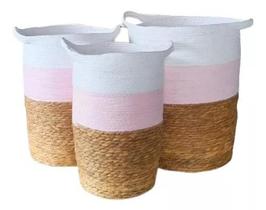 Jogo 3 Cestos Fibra Natural Organizador Planta Branco Rosa