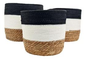 Jogo 3 Cestos Fibra Natural Preto E Branco Multiuso