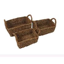 Jogo 3 Cestos Retangular com Alça Fibra Natural