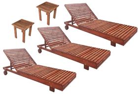 Jogo 3 Espreguiçadeira Allegra com Rodinhas + 2 Mesinha de Apoio em Madeira Nogueira Uv