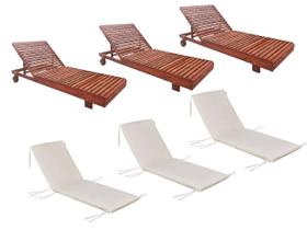 Jogo 3 Espreguiçadeira Allegra Madeira Maciça Piscina Lazer Nogueira Proteção Uv e Colchonetes Branco Cru