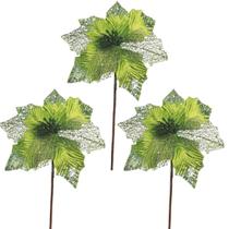 Jogo 3 Flores Bico de Papagaio Verde Mescla Pick Natal Luxo 20cm - Magizi