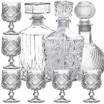 Jogo 3 Frascos Vidro Licoreira + 6 Mini Cálices Cristal Lapidada Whisky Licor Decoração