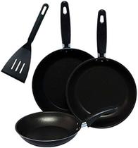 Jogo 3 Frigideiras Antiaderentes + Espátula Grafite Begônia