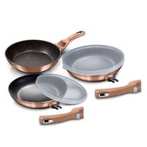 Jogo 3 Frigideiras com Alça Removível Rose Gold Berlinger Haus Panelas Antiaderente Indução Cozinha Tampa de Silicone 5 peças