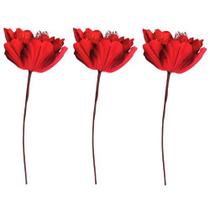 Jogo 3 Hastes Flor Magnolia Vermelha Veludo com Tela e Glitter 24cm.