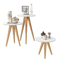 jogo 3 mesas retrô pés palito, centro, lateral e apoio california - branco