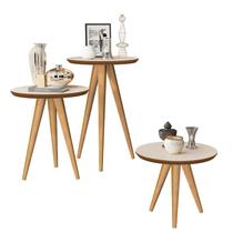 jogo 3 mesas retrô pés palito, centro, lateral e apoio georgia - off white / freijo jogo 3 mesas retrô pés palito, centro, lateral e apoio georgia - off white / freijo