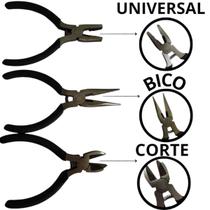 Jogo 3 Mini Alicates 4,5'' Bijuterias Artesanato Reparos Cortes Fios Cabos Arames Manutenção Informática Pesca - Preta