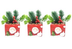 Jogo 3 Mini Vaso Cachepot Cerâmica Decorado Natal Papai Noel e Planta Artificial 12cm