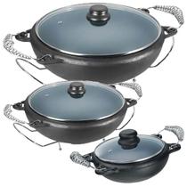 Jogo 3 Panela Moqueca De Ferro C/ Tampa Vidro Panela Mineira