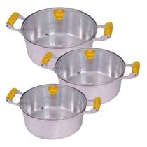 Jogo 3 Panelas Caçarolas Aluminio Polido Tampa de Vidro 14, 16 e 18 Jogo 3 Panelas Caçarolas Aluminio Polido Tampa de Vidro 14, 16 e 18