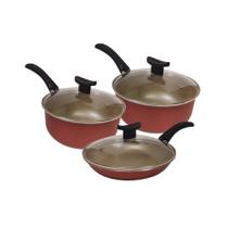 Jogo 3 Peças 2 Panelas e 1 Frigideira Antiaderente Vermelho Cereja 18/20/22 cm