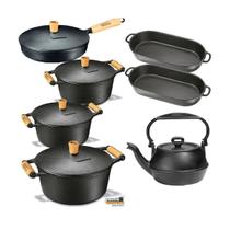 Jogo 3 Peças: Caçarolas, 1 Frigideira, 1 Chaleira e 2 Assadeira Ferro - Panela Mineira